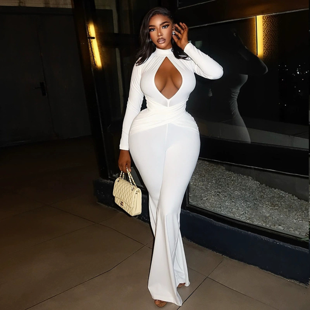 ZARA Trendy Sexy Slim Cutout Solid Flared Long Sleeve Going Out Jumpsuit